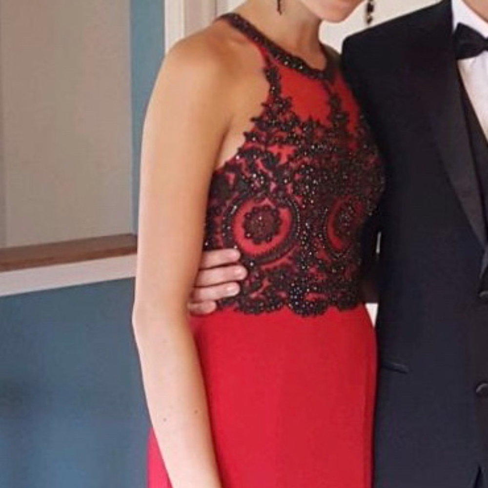 Red prom dress with black accent beading